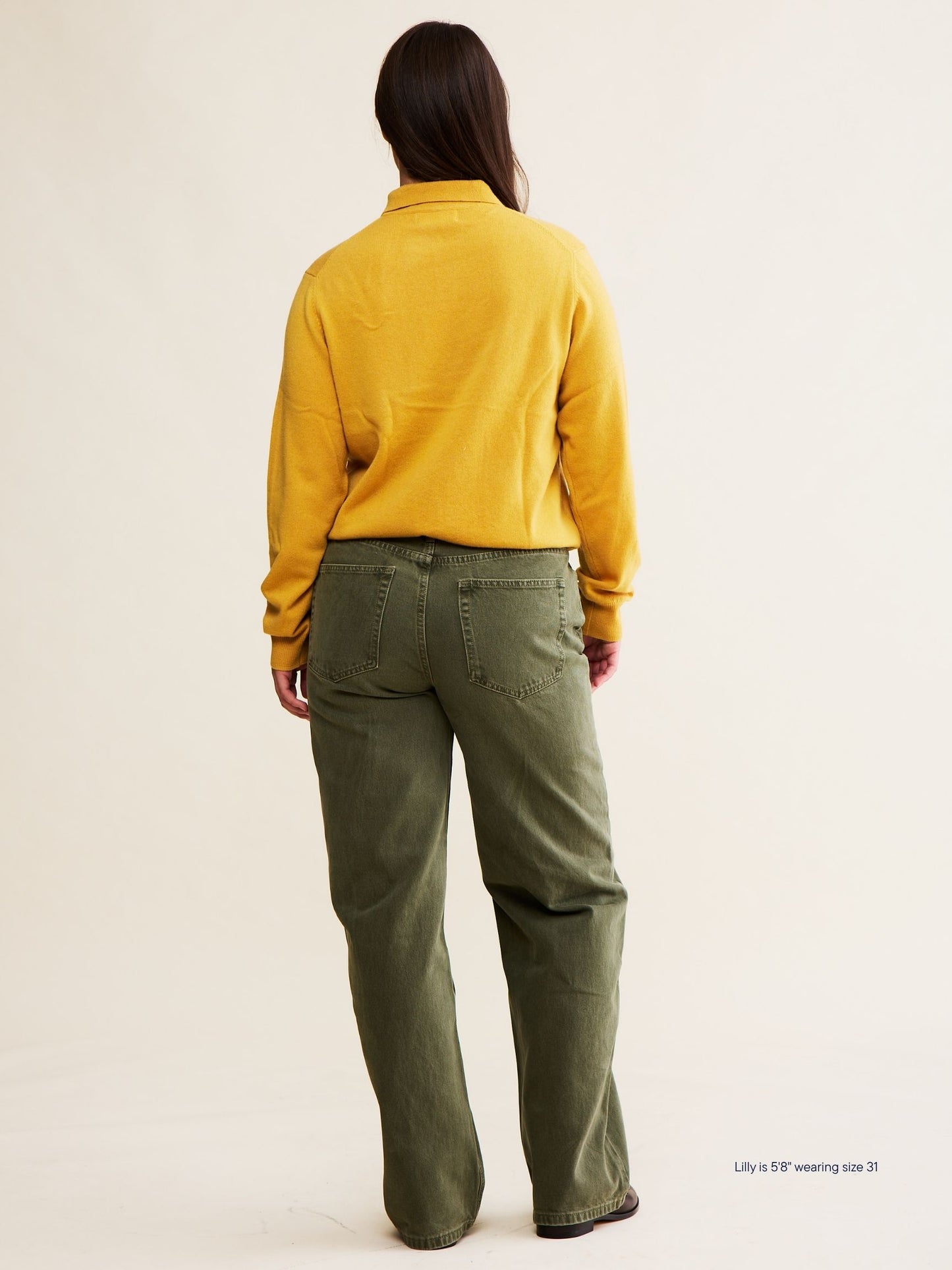 girl wearing classic straight jeans -olive