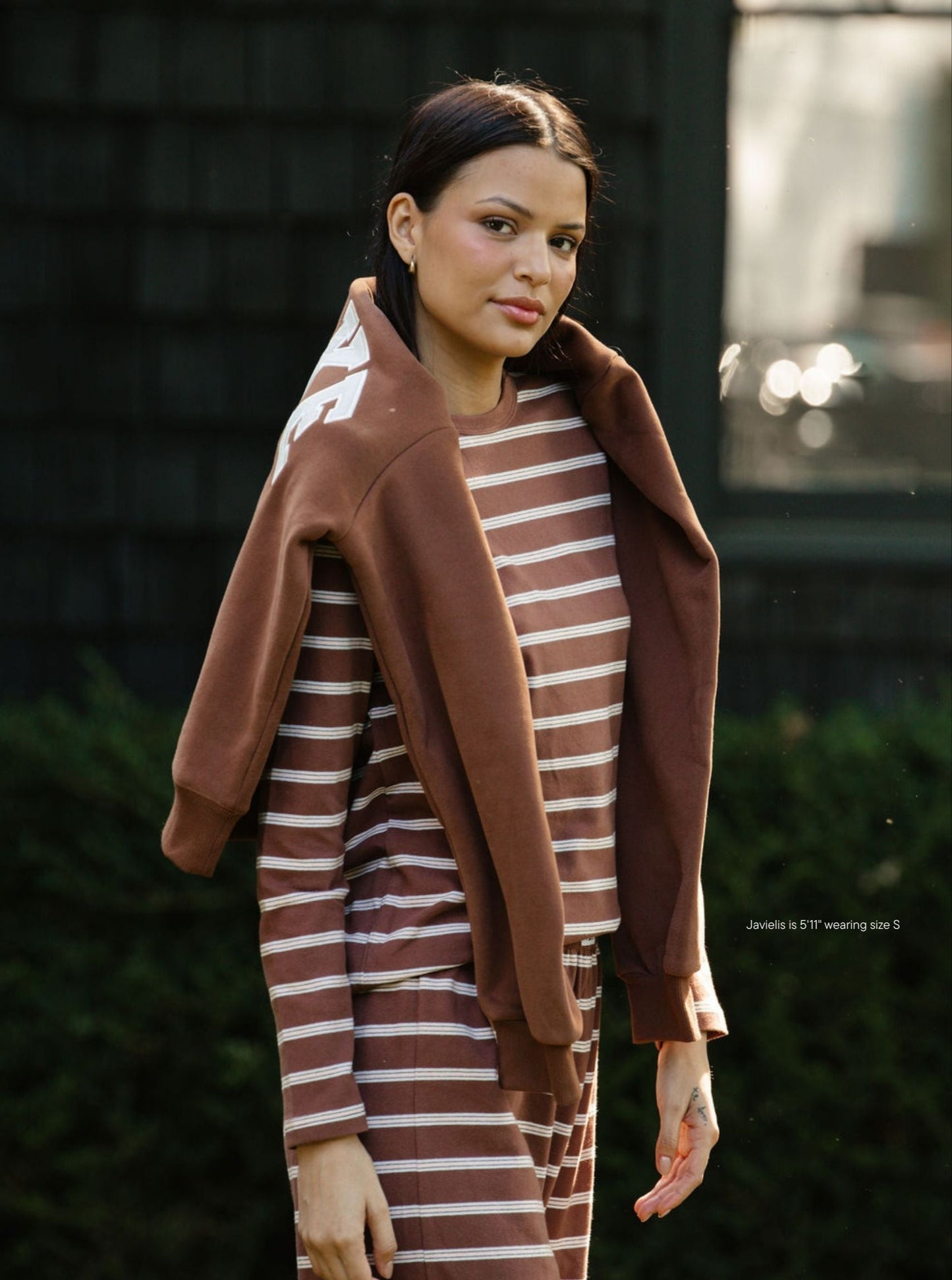 girl wearing striped long sleeve tee -mocha stripe