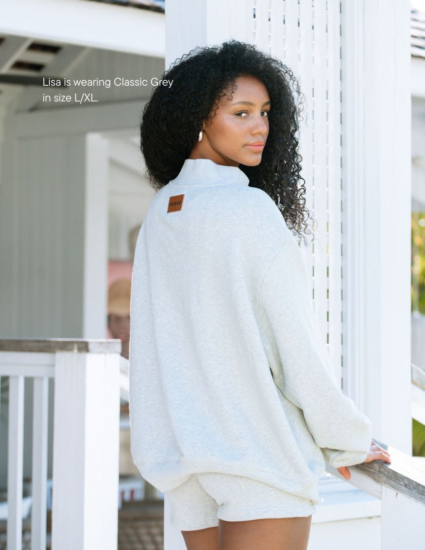 girl wearing heritage classic mockneck -classic grey