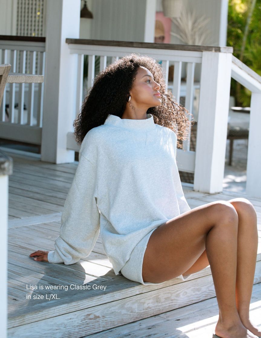 girl wearing heritage classic mockneck -classic grey