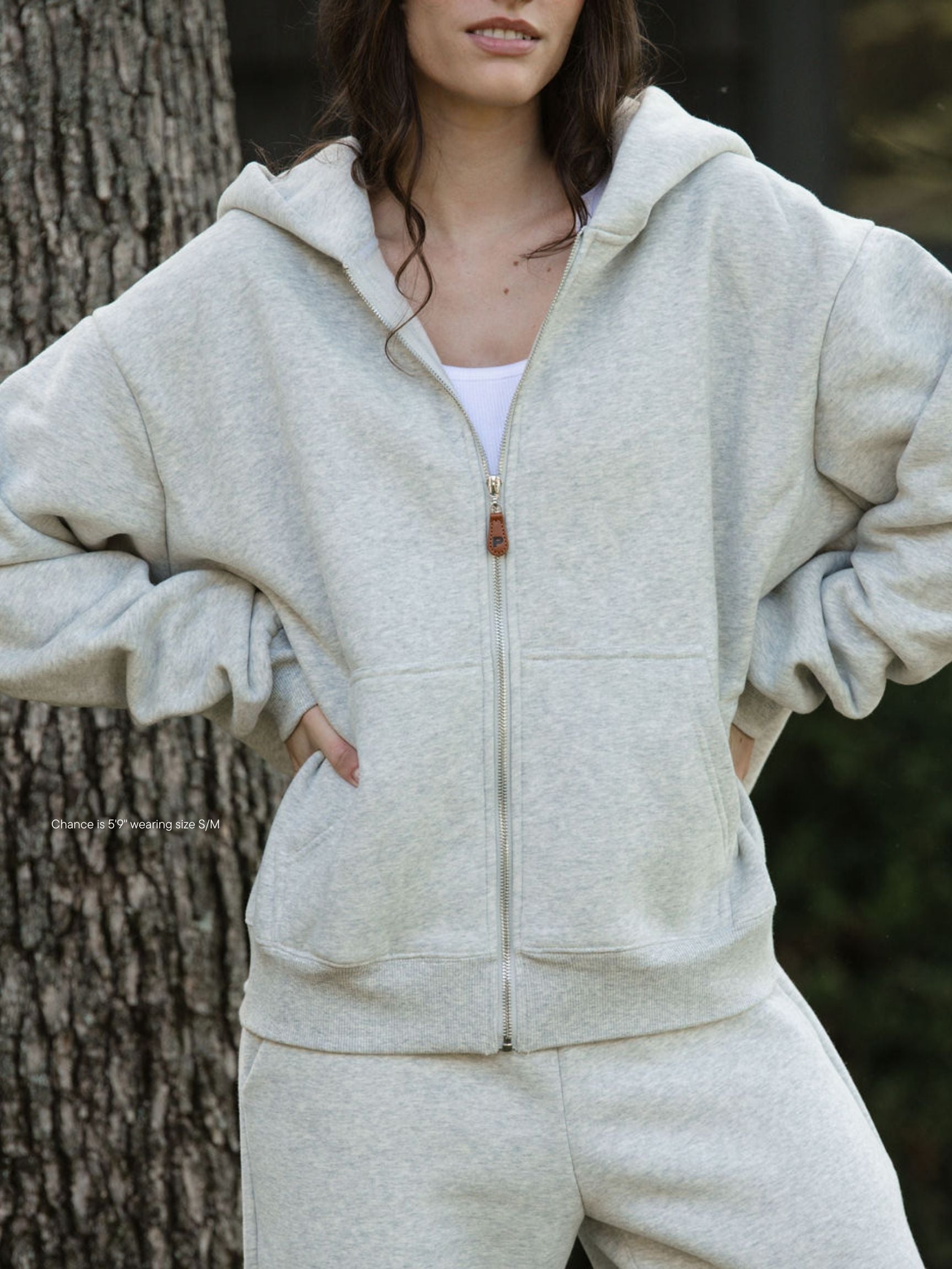 girl wearing classic zip up hoodie -classic grey
