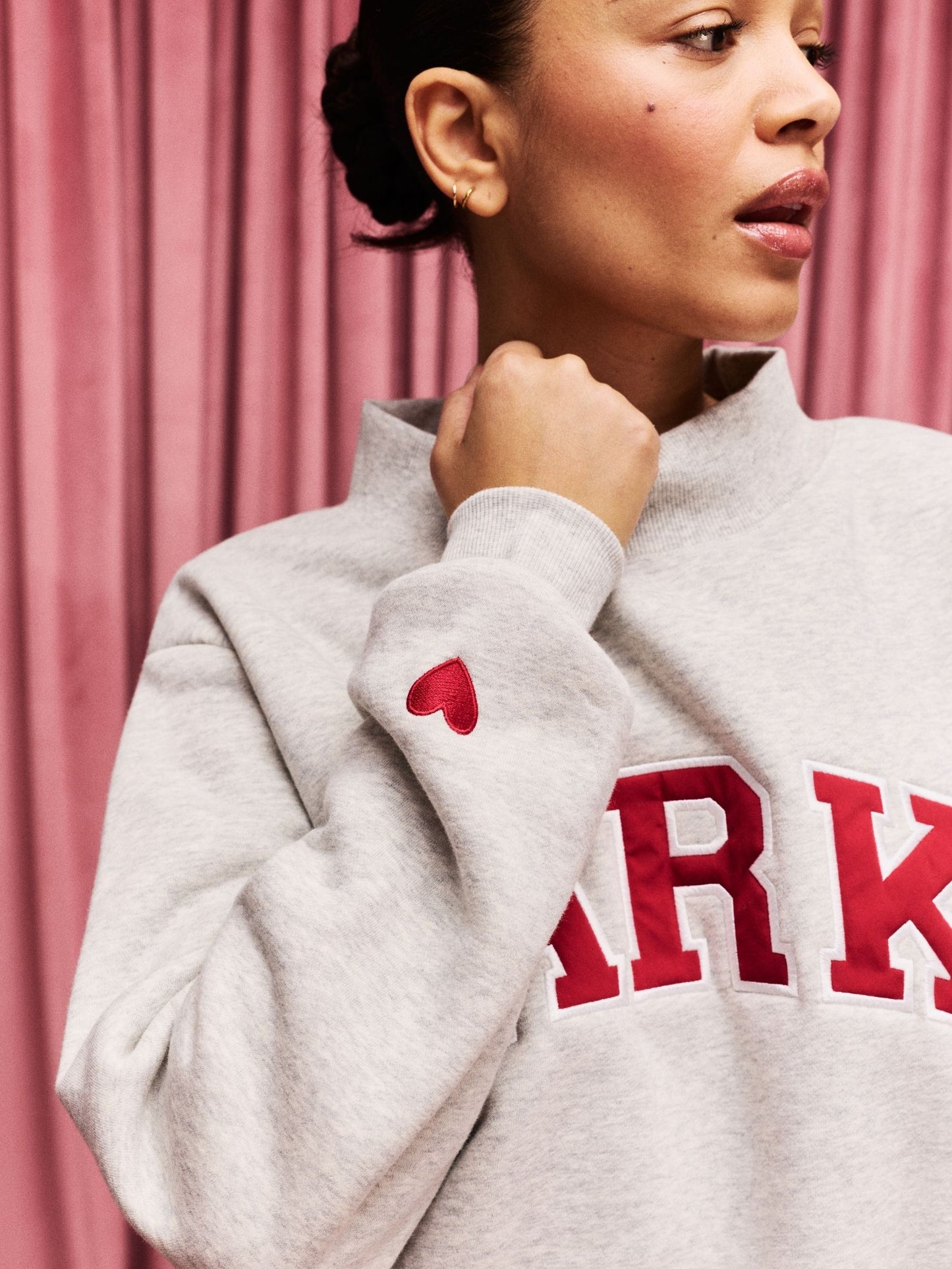 girl wearing Valentine's Varsity Mockneck -classic grey + crimson