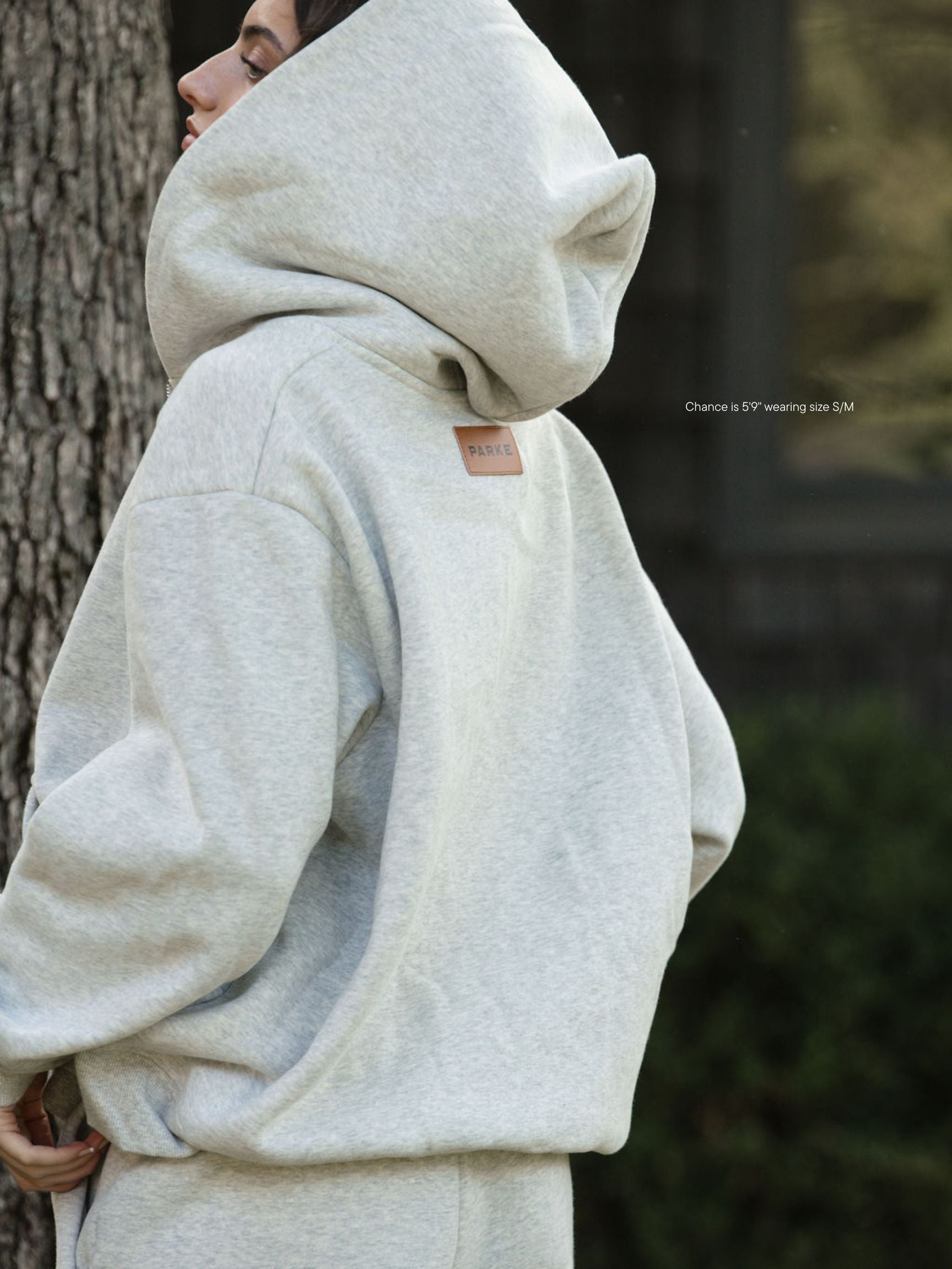 girl wearing classic zip up hoodie -classic grey