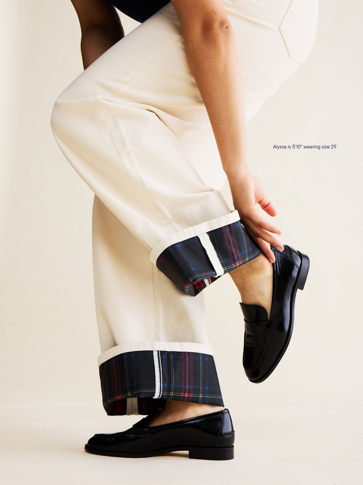 foldover jean -cream + plaid
