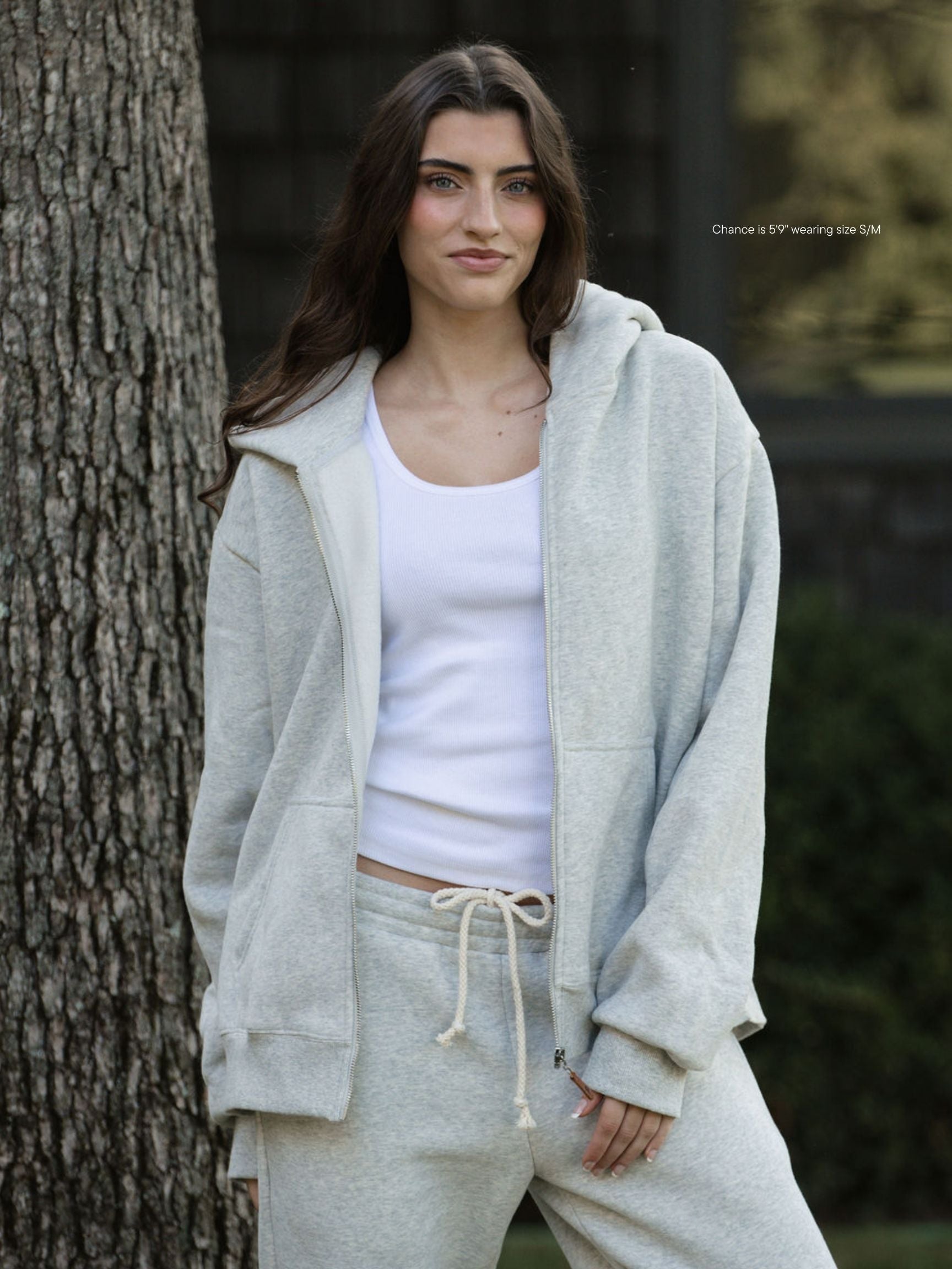 girl wearing classic zip up hoodie -classic grey