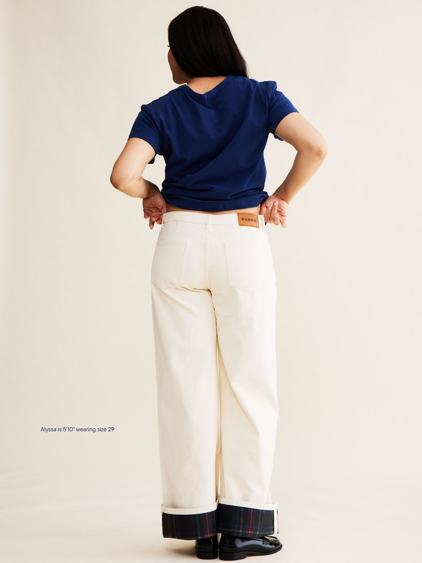 foldover jean -cream + plaid