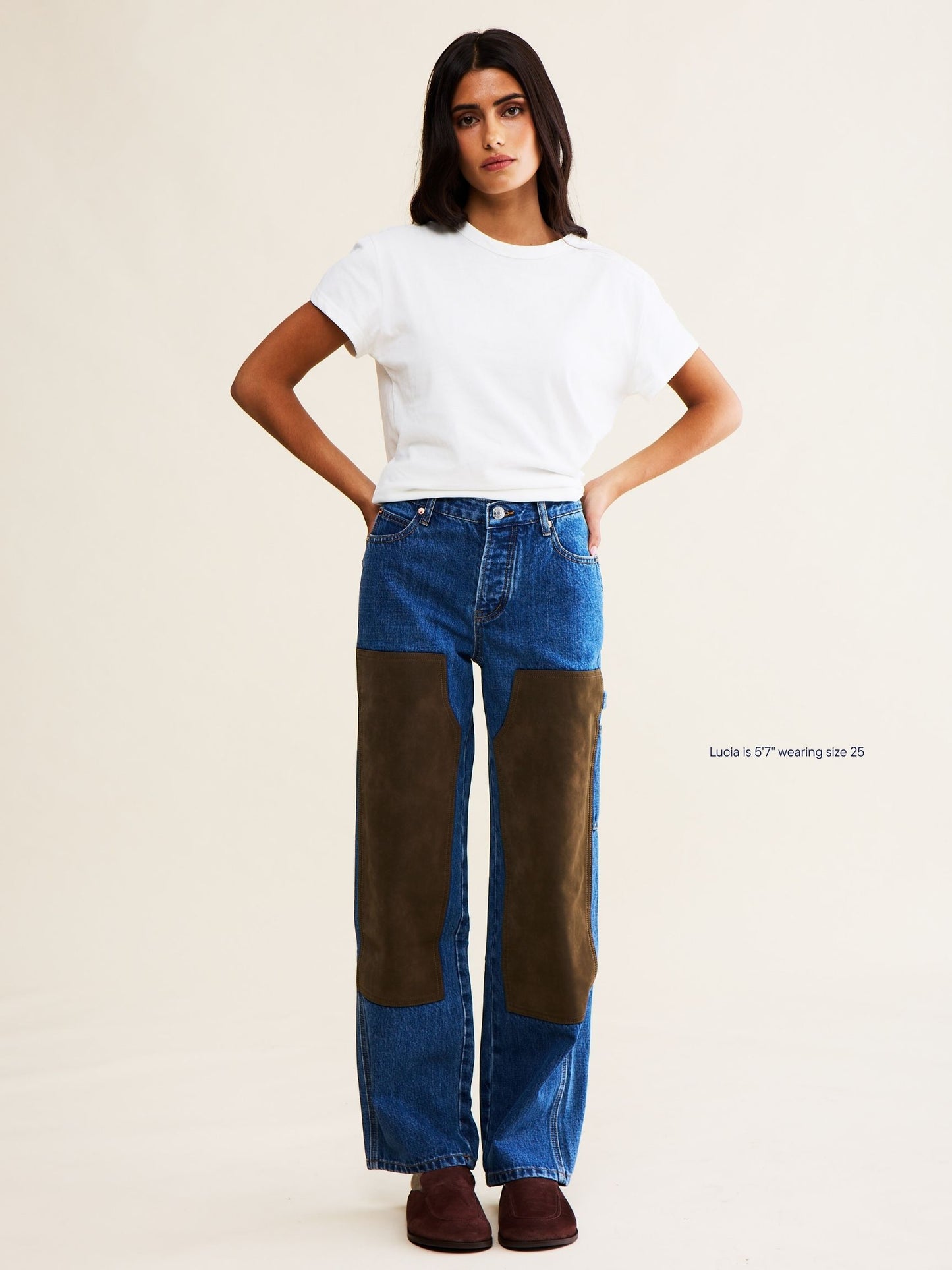 carpenter jean -medium wash + brown suede