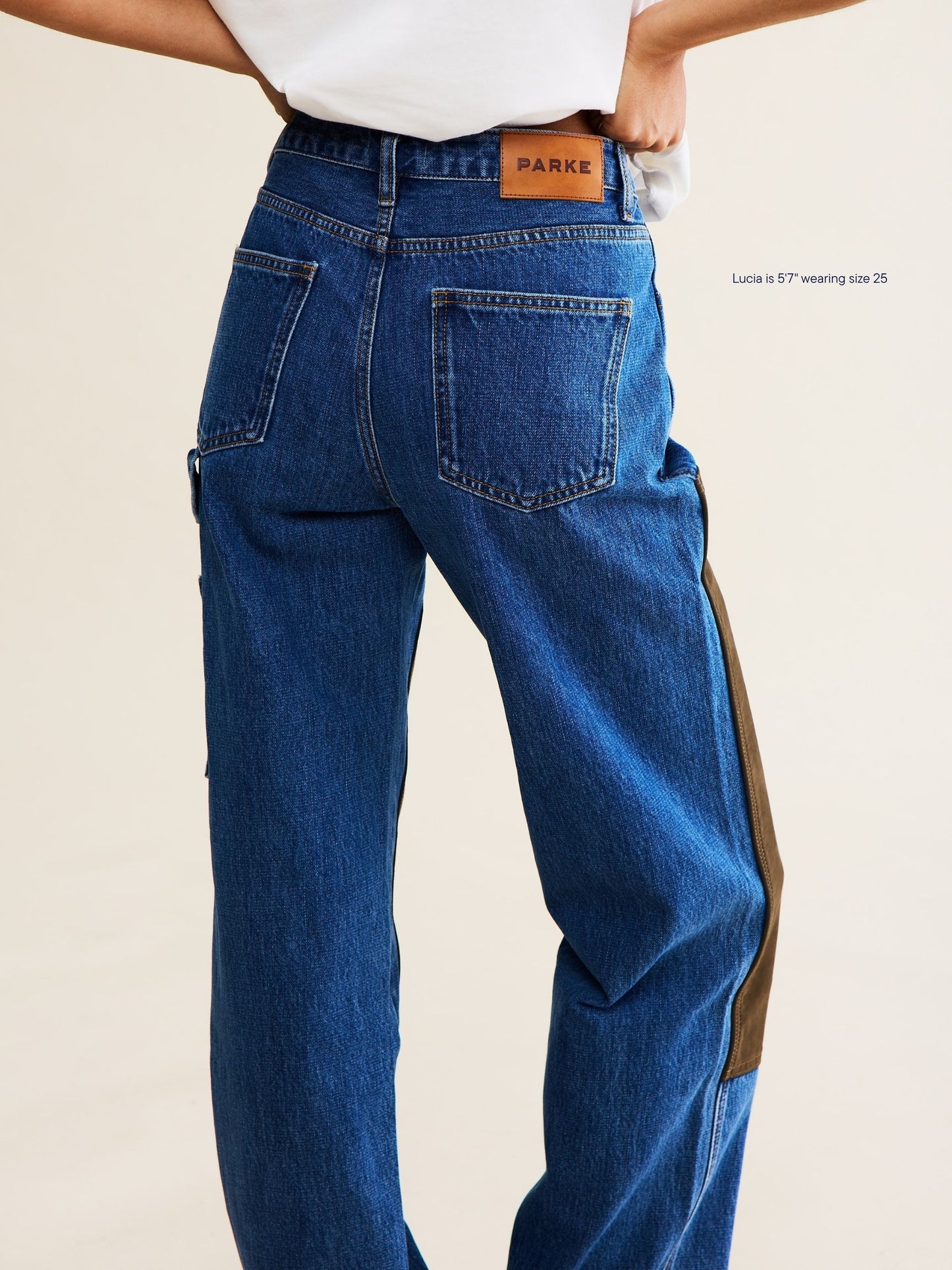 carpenter jean -medium wash + brown suede