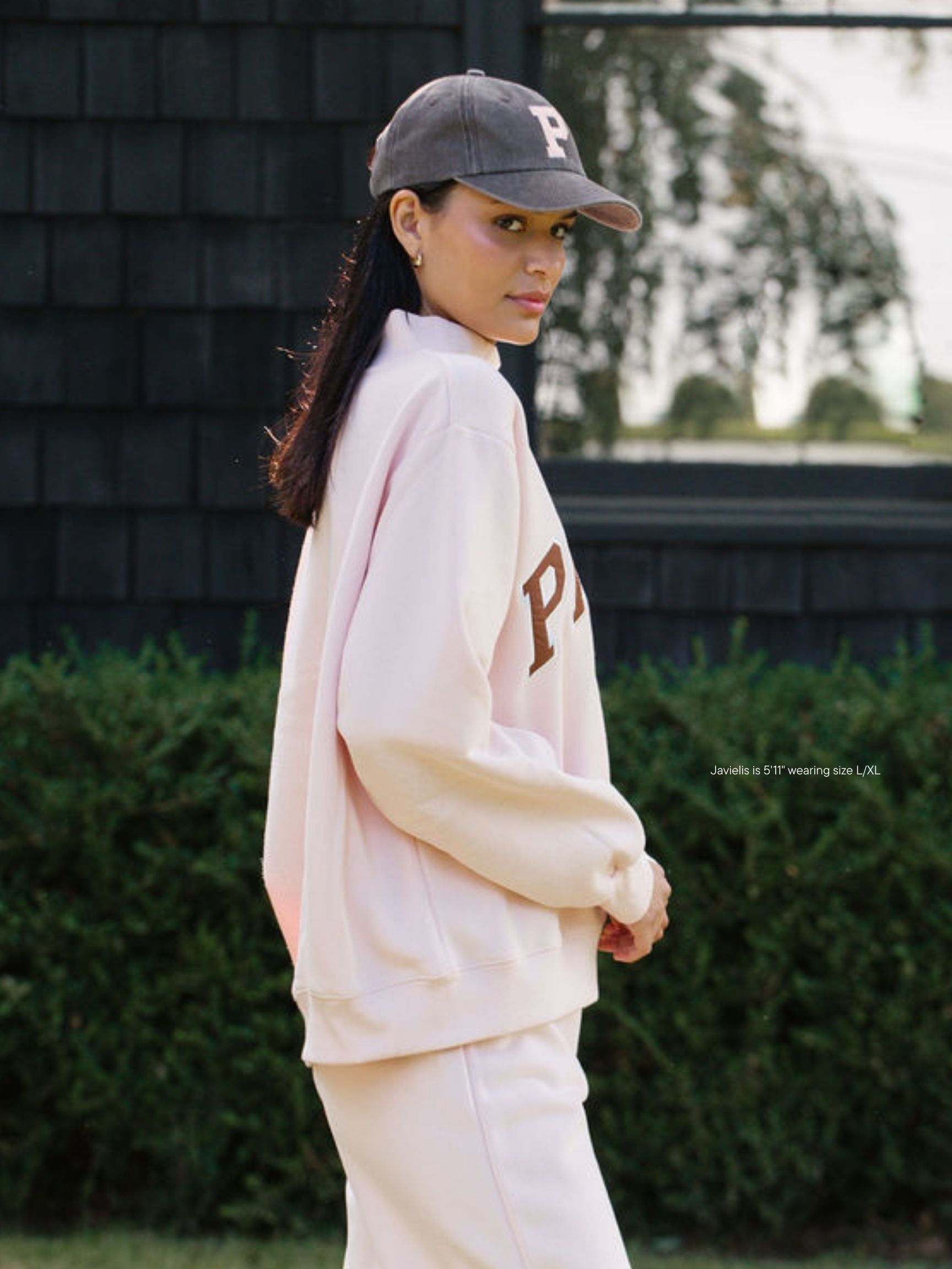 girl wearing hometown varsity mockneck flat -rose + mocha