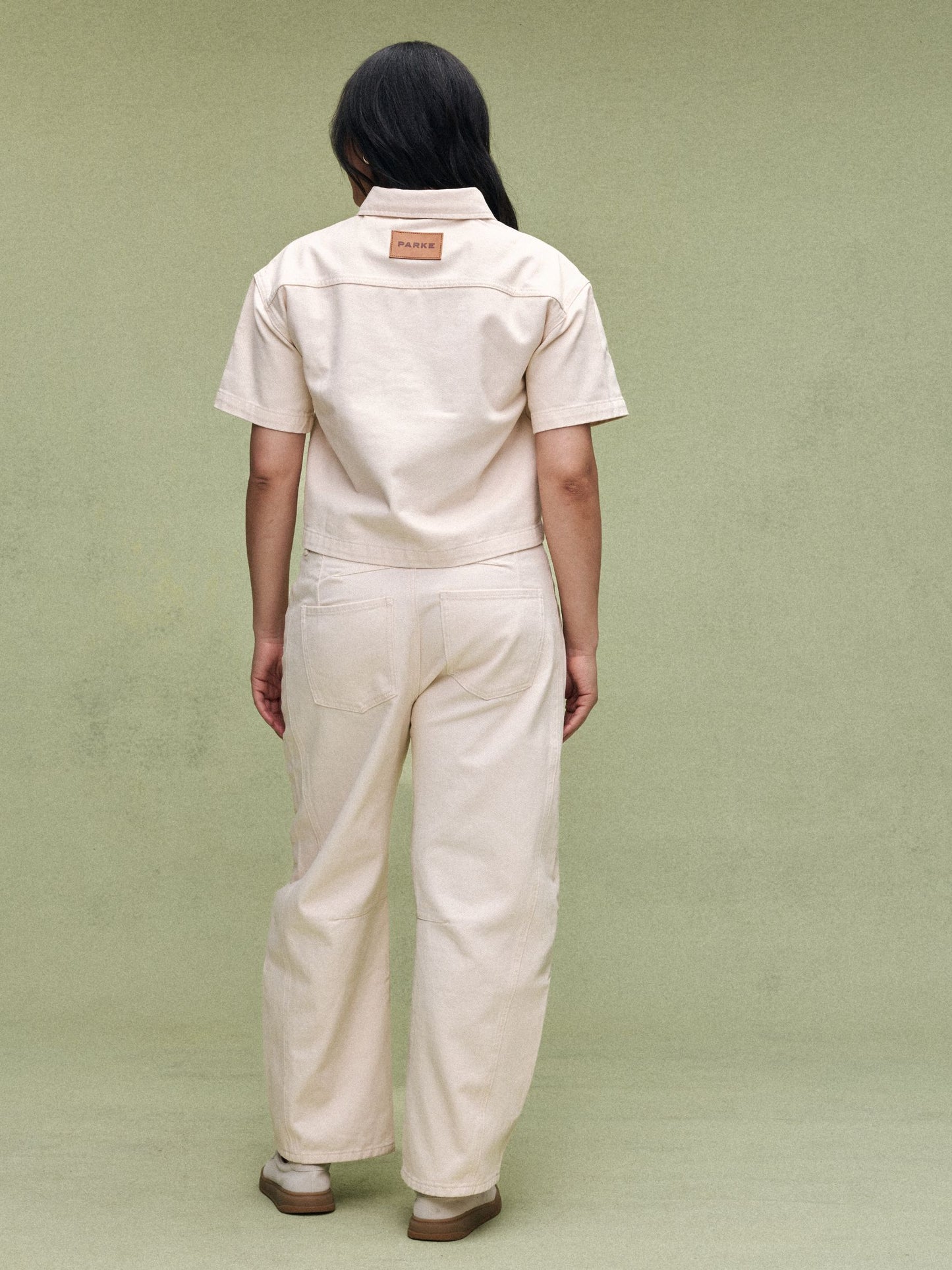 Cropped Short Sleeve Denim Shirt - Cream