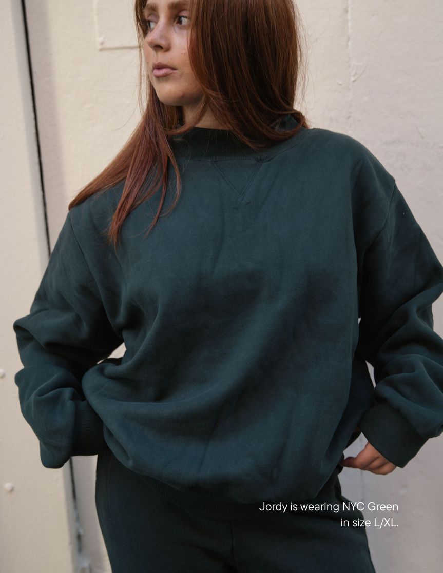 girl wearing classic mockneck -new york green