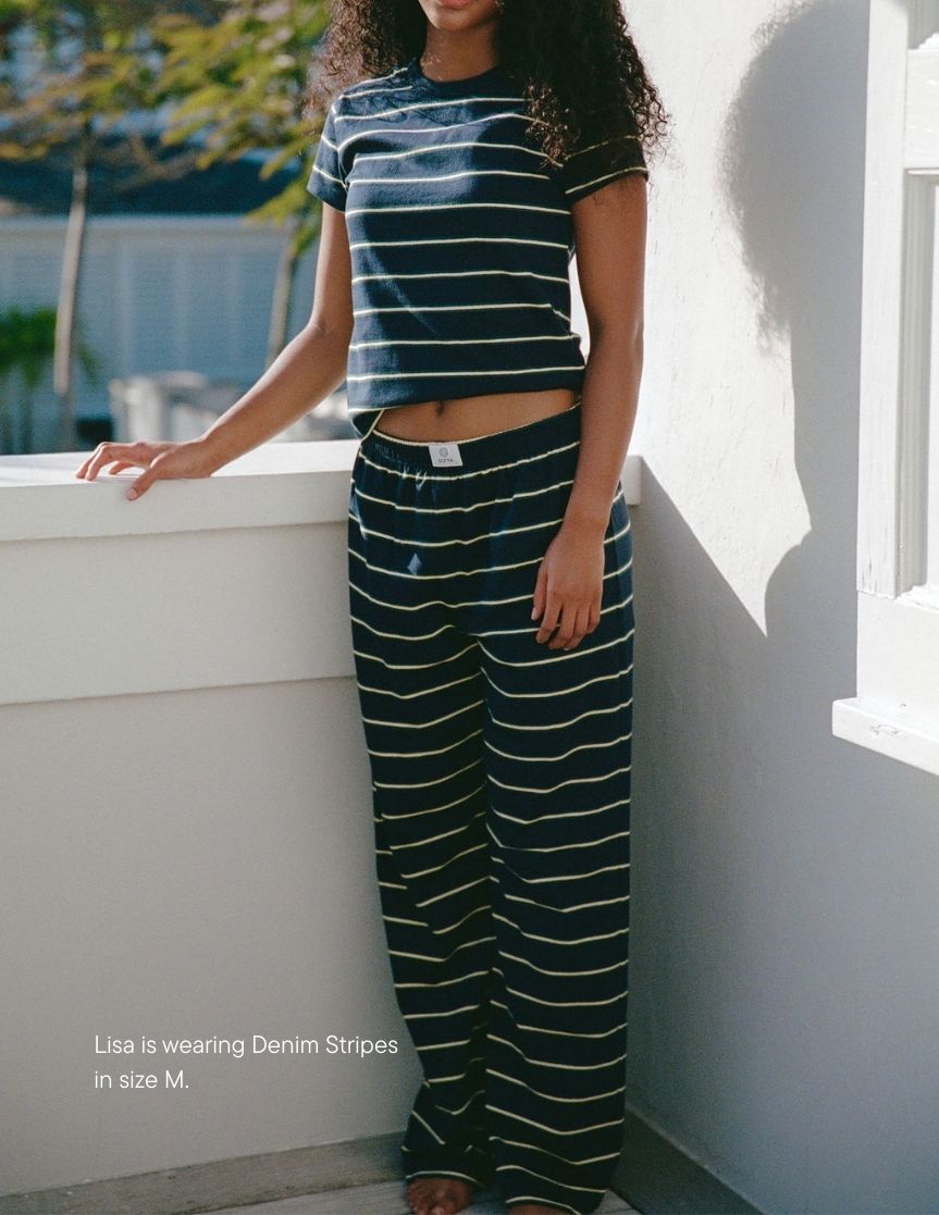 girl wearing cotton boxer pants -denim stripe