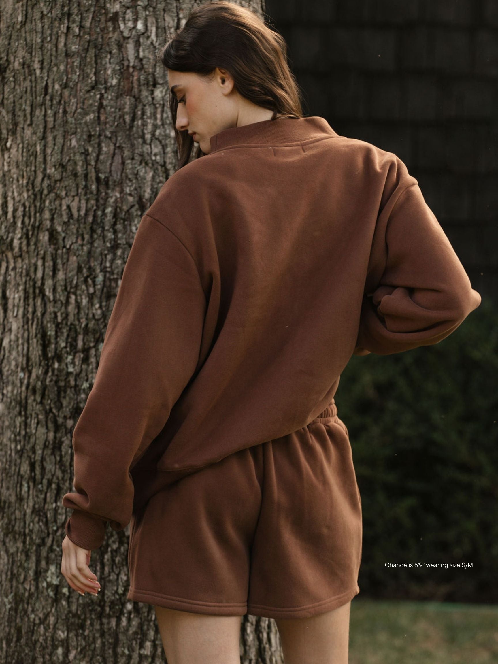 girl wearing Fleece Lounge Sweatshorts -mocha