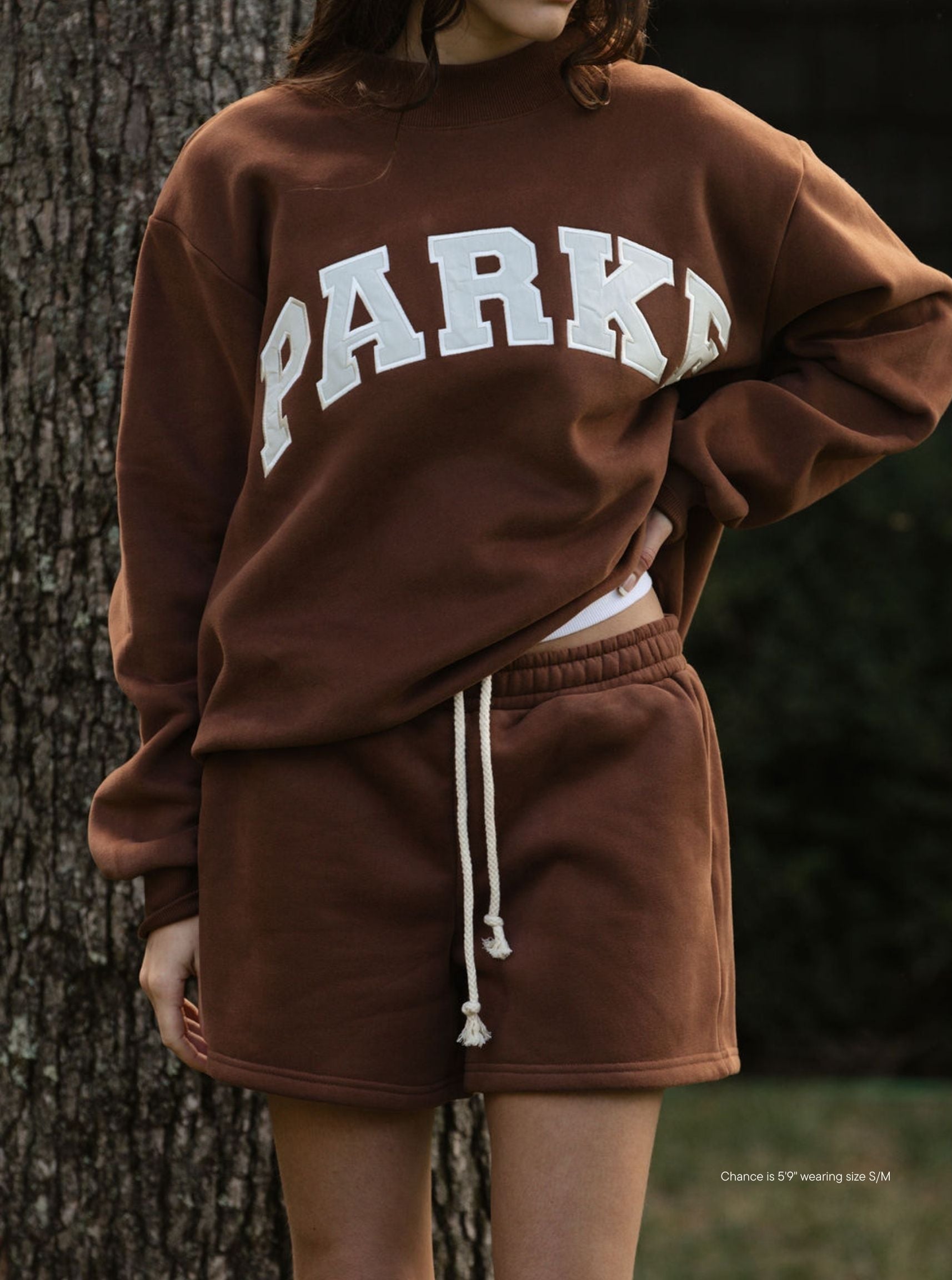 girl wearing Fleece Lounge Sweatshorts -mocha