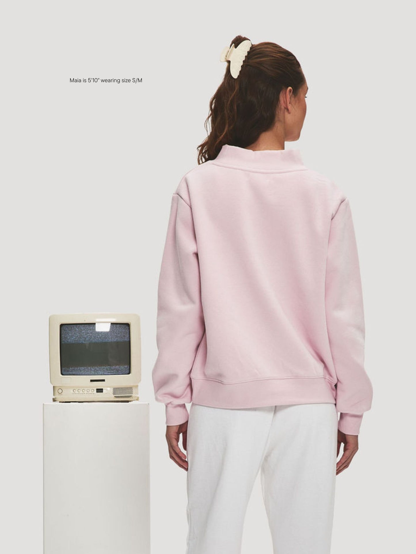 girl wearing Nostalgia Varsity Mockneck -sprinkle + white