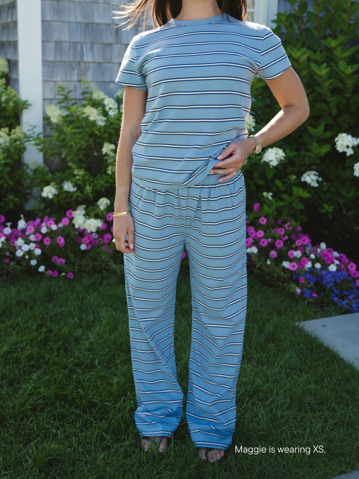 girl wearing Maggie & Emma Striped Cotton Boxer Pants -Sky Stripe