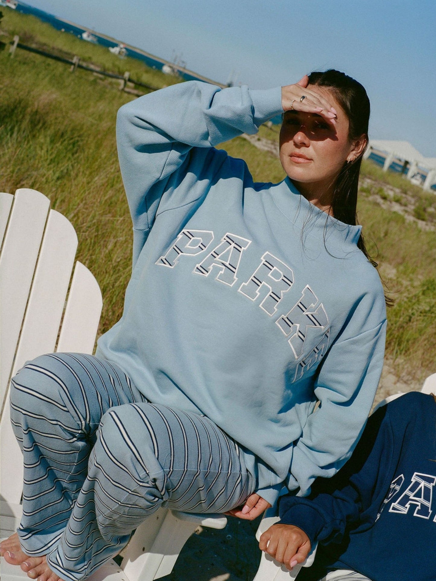 girl wearing Maggie & Emma Striped Cotton Boxer Pants -Sky Stripe