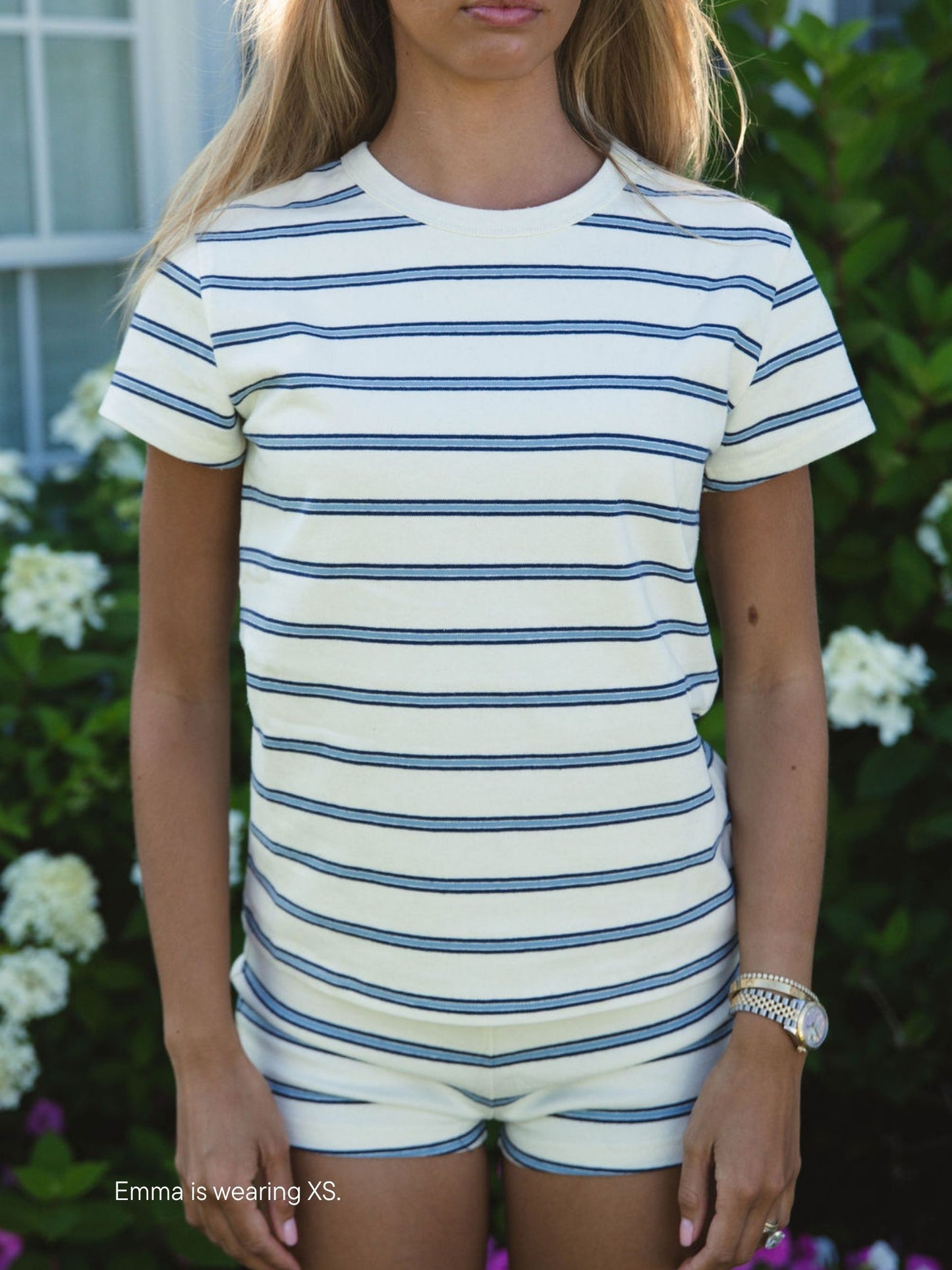 girl wearing striped tee -emma stripe
