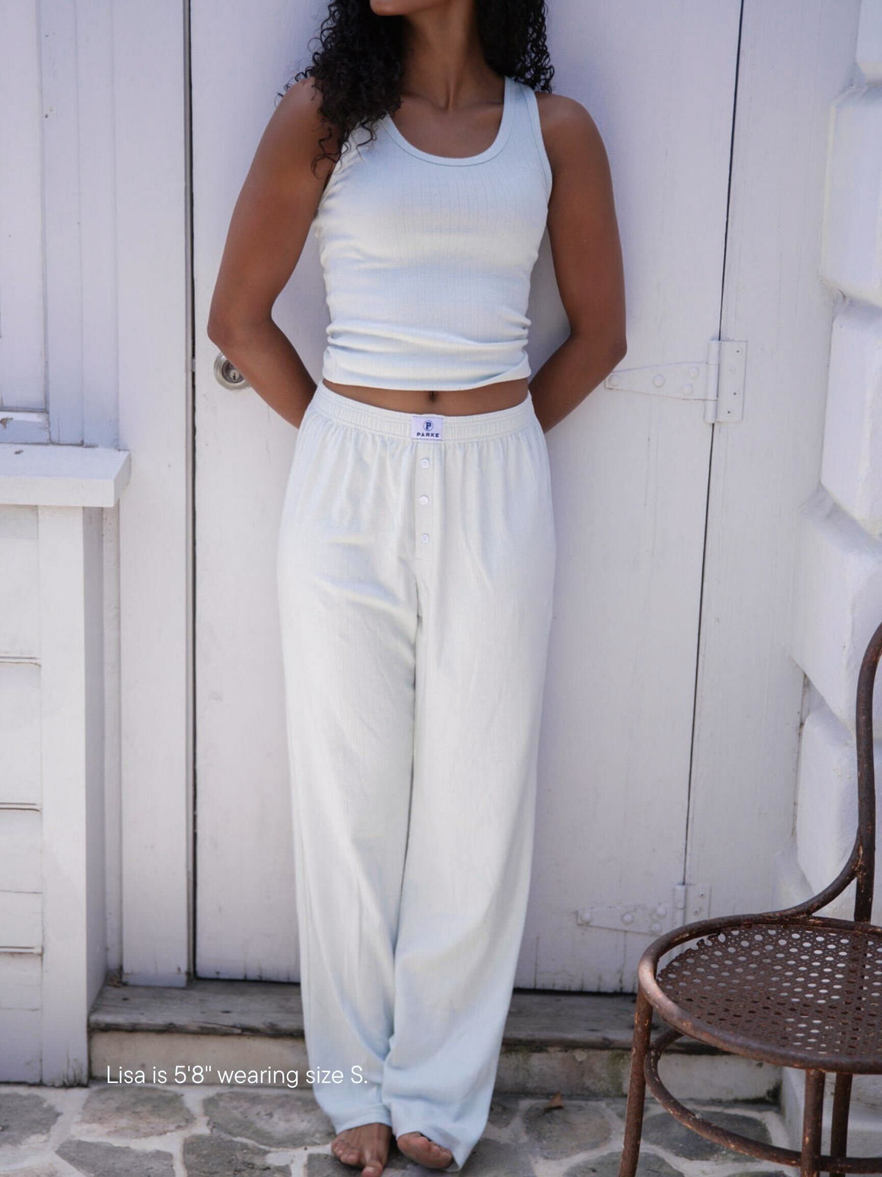 girl wearing pointelle pants -something blue