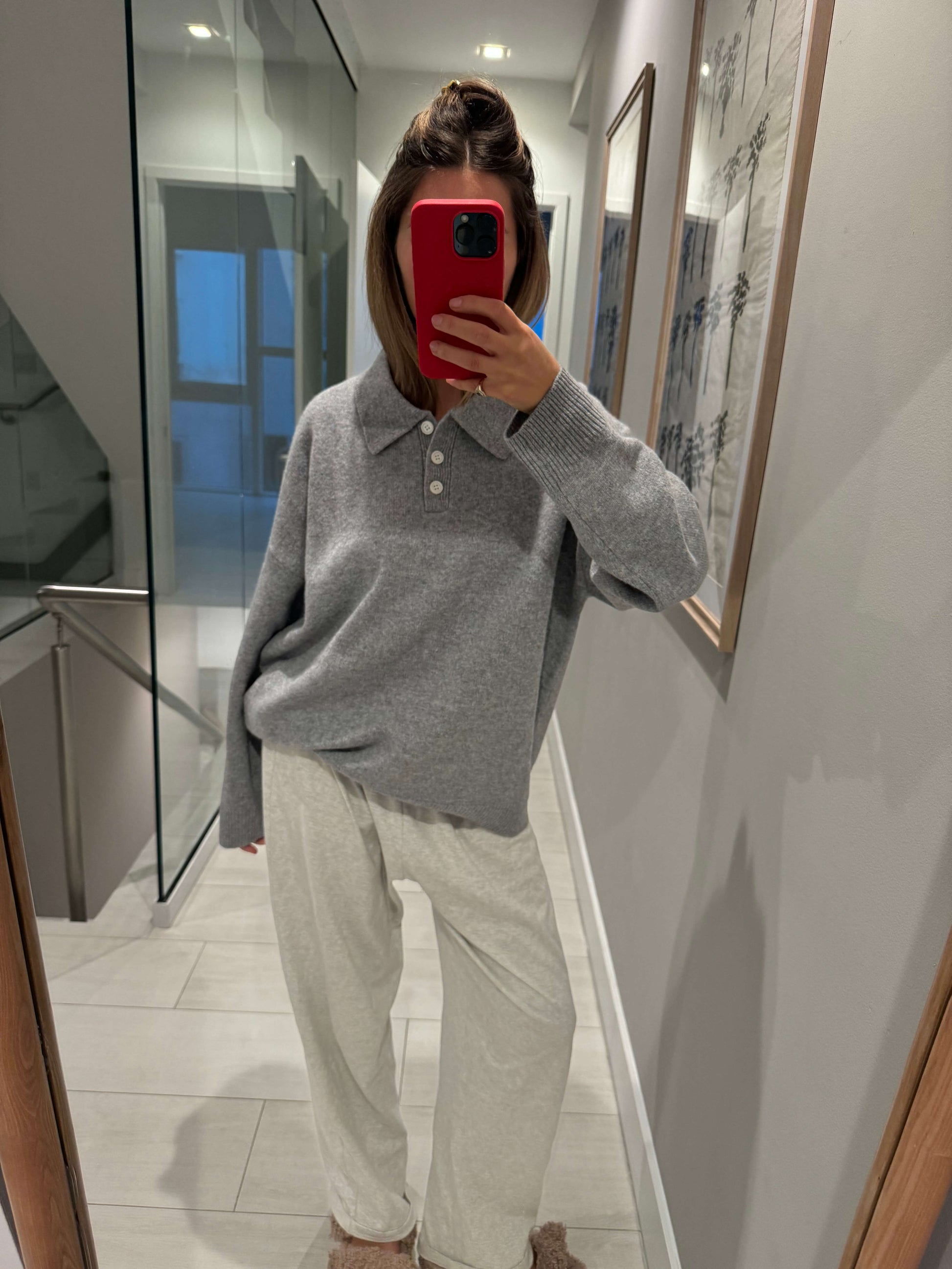 girl wearing heather grey polo sweater -heather grey