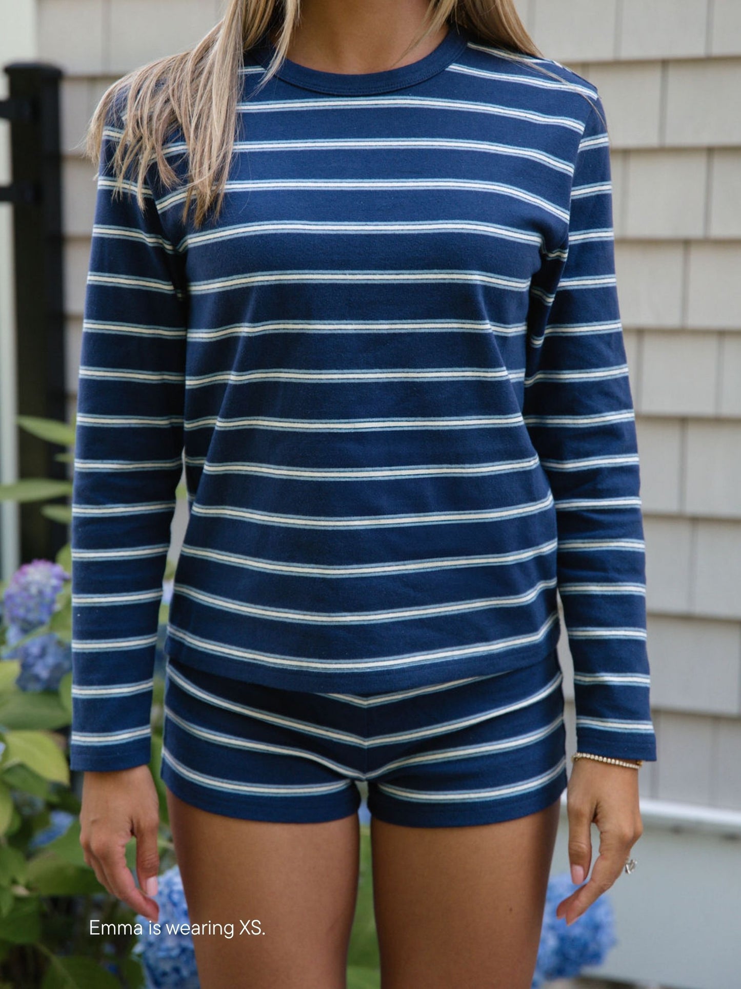 girl wearing Maggie & Emma Long Sleeve Striped Tee -maggie stripe