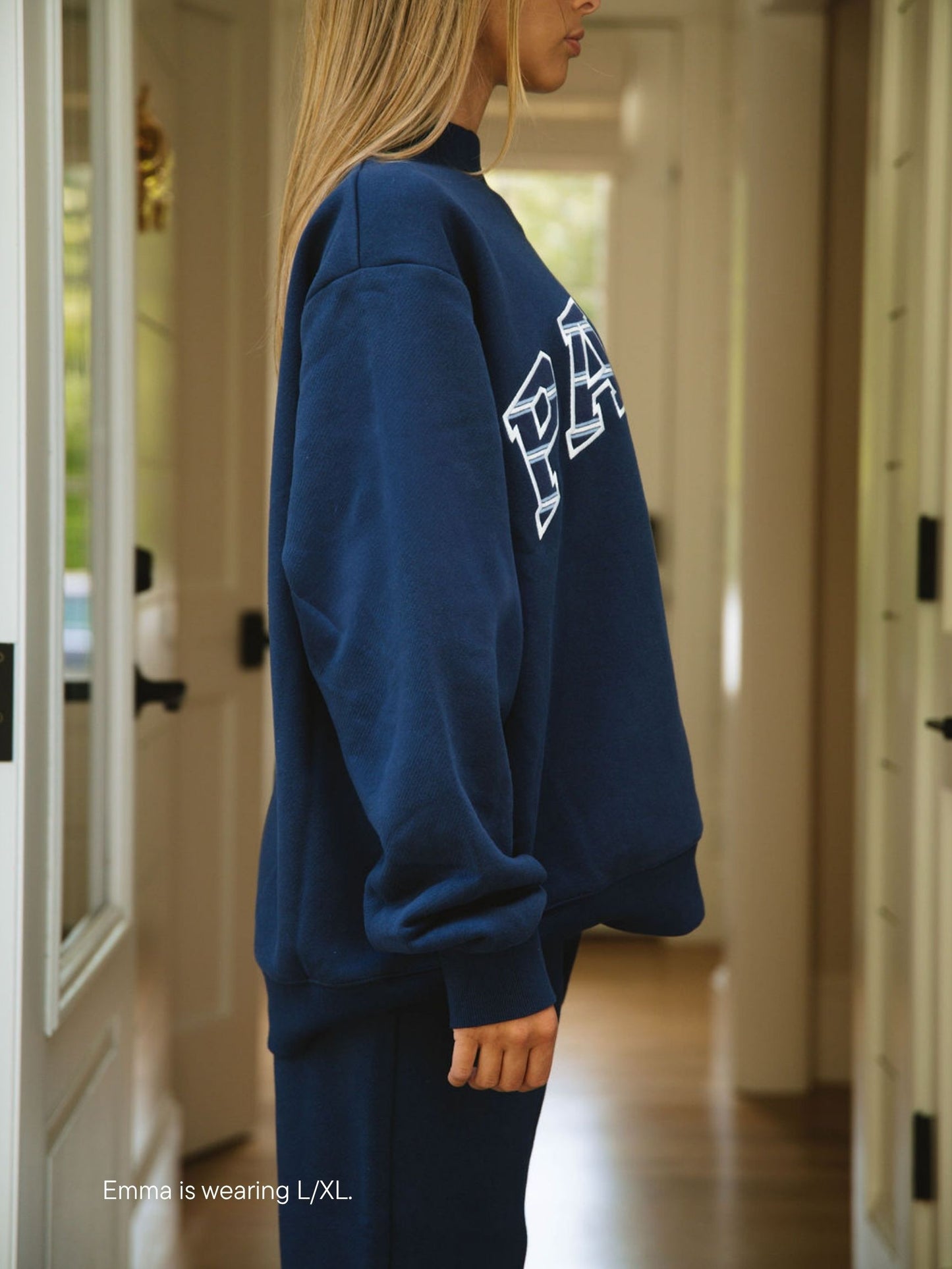 girl wearing Maggie & Emma Heritage Varsity Mockneck -denim