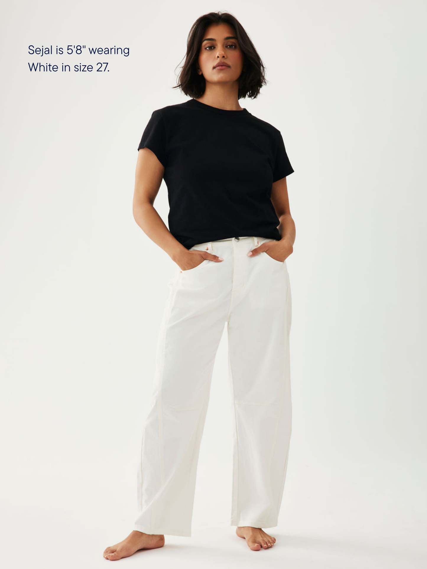 girl wearing cotton twill horseshoe pants -white