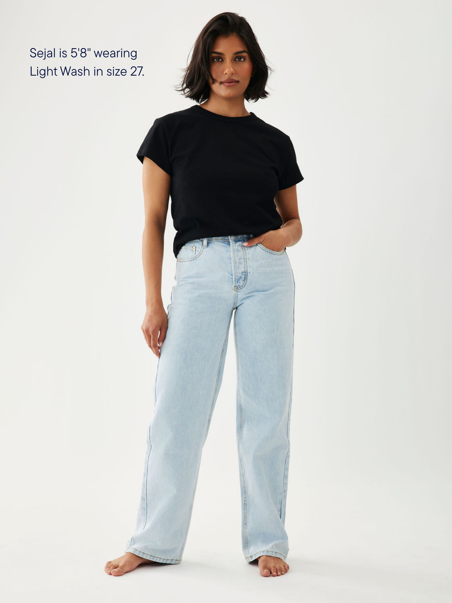girl wearing classic straight jean -light wash
