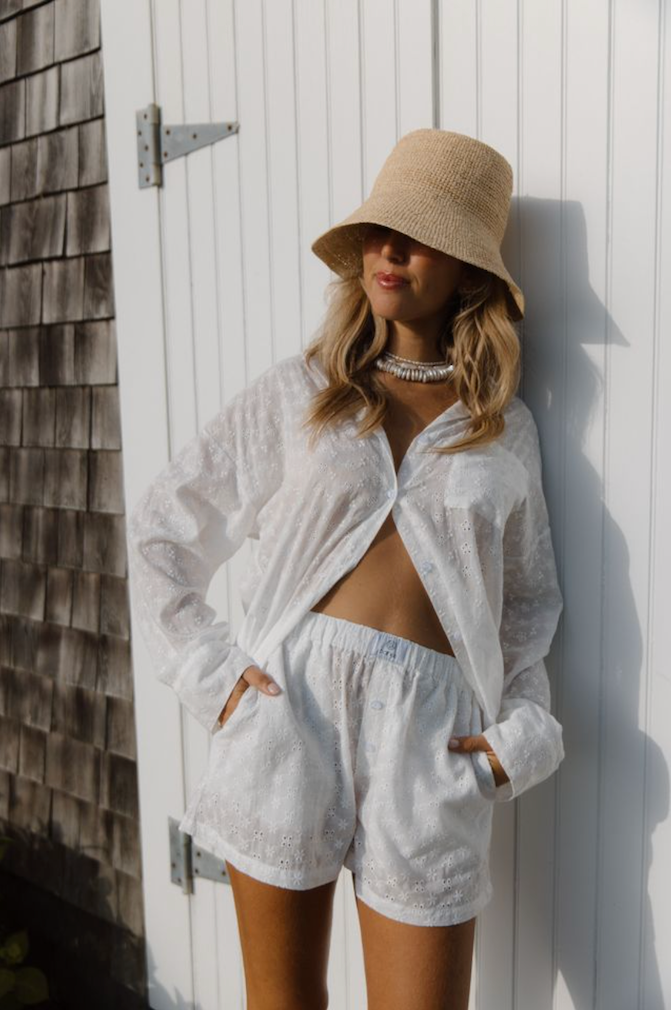 model wearing white eyelet boxer short -white eyelet