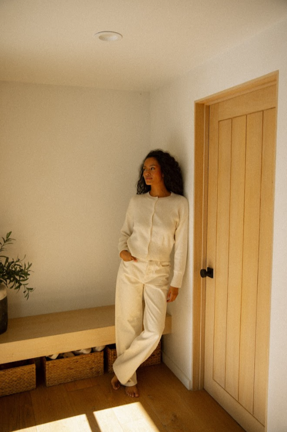full body image of model wearing cream corduroy classic straight pant - cream