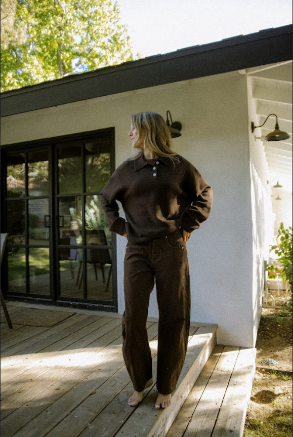 girl wearing chocolate brown polo sweater - chocolate brown