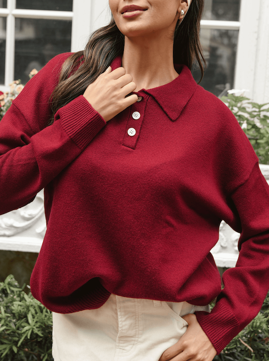 girl wearing burgundy polo sweater - burgundy
