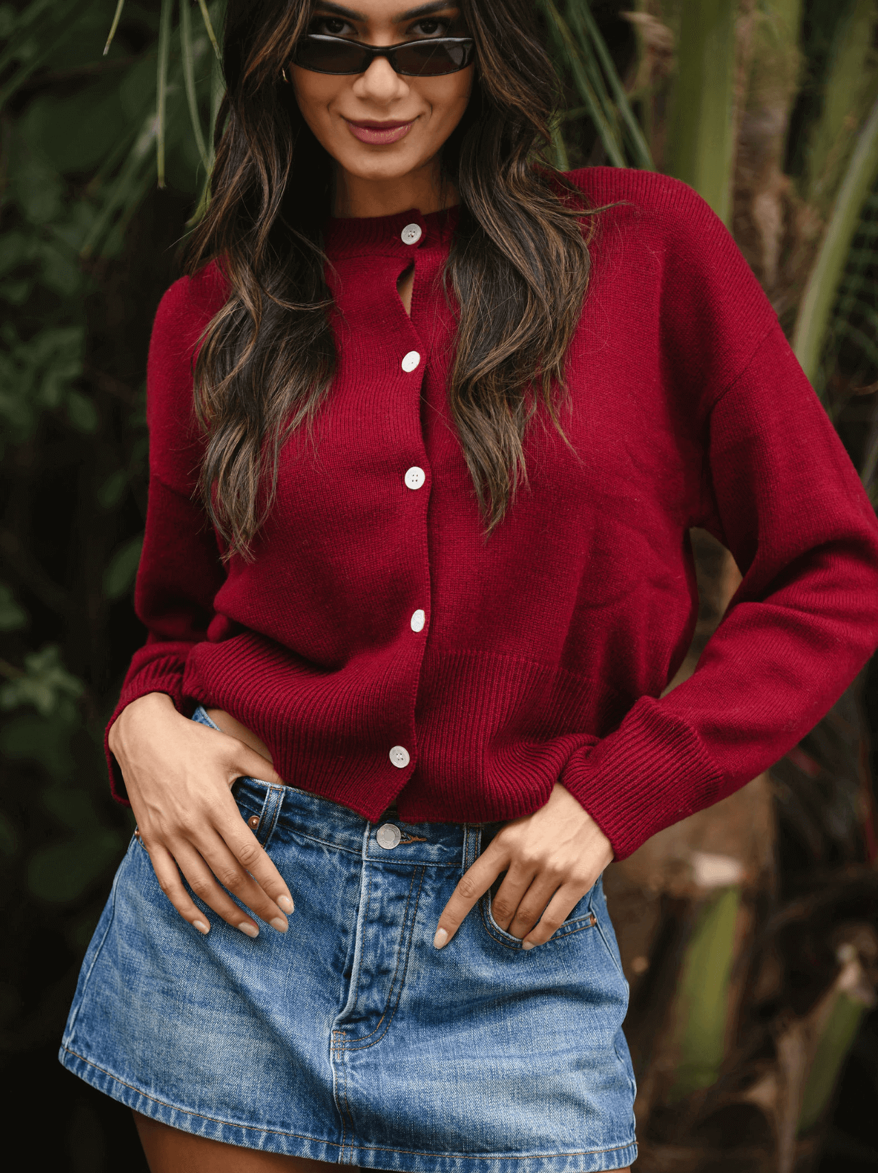 girl wearing burgundy cardigan -burgundy