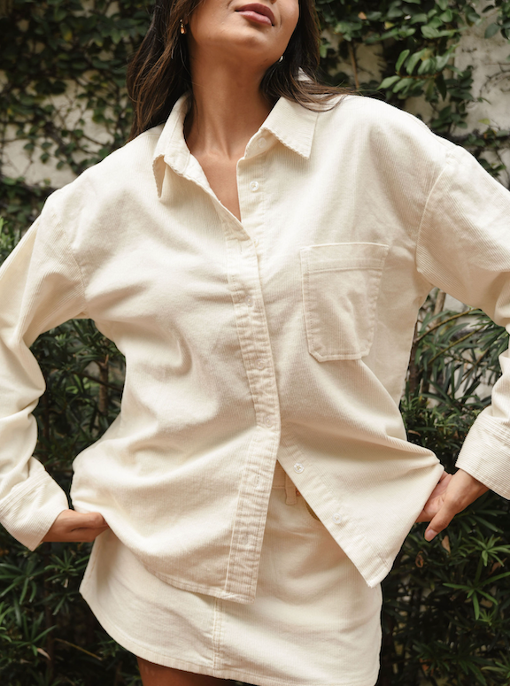 close up details of cream cord shirt - cream
