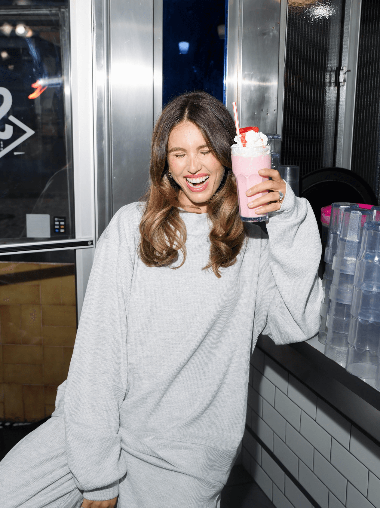 girl wearing waffle mockneck -heather grey