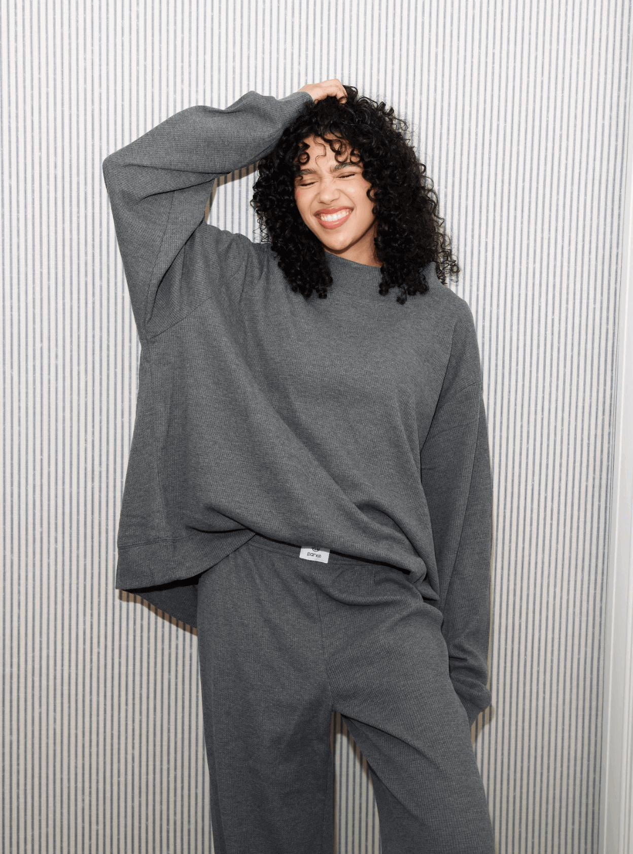 girl wearing waffle mockneck -stormy