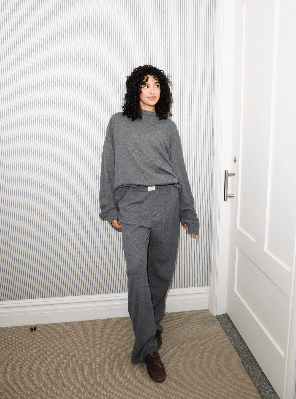 girl wearing waffle mockneck -stormy