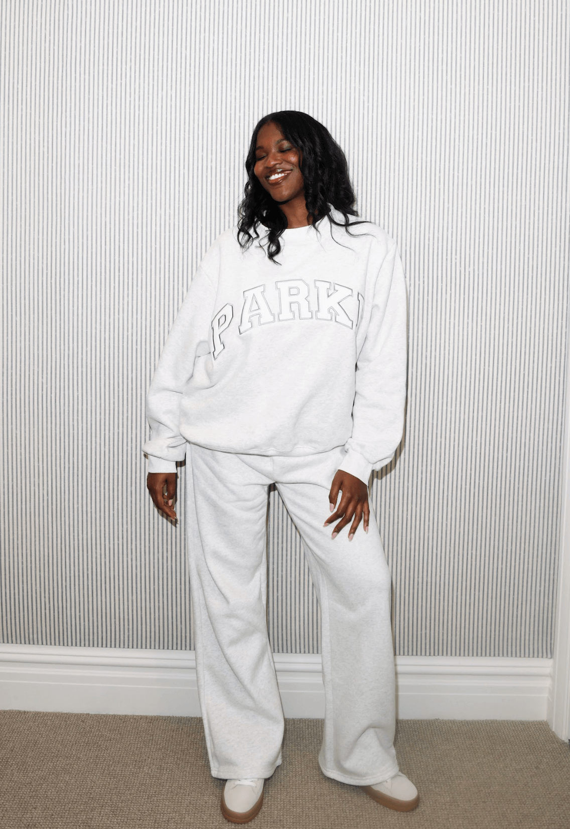 girl wearing sweat boxer pants -heather grey