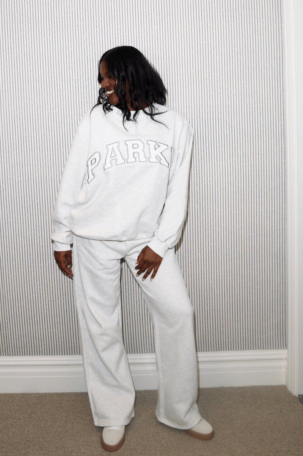 girl wearing sweat boxer pants -heather grey