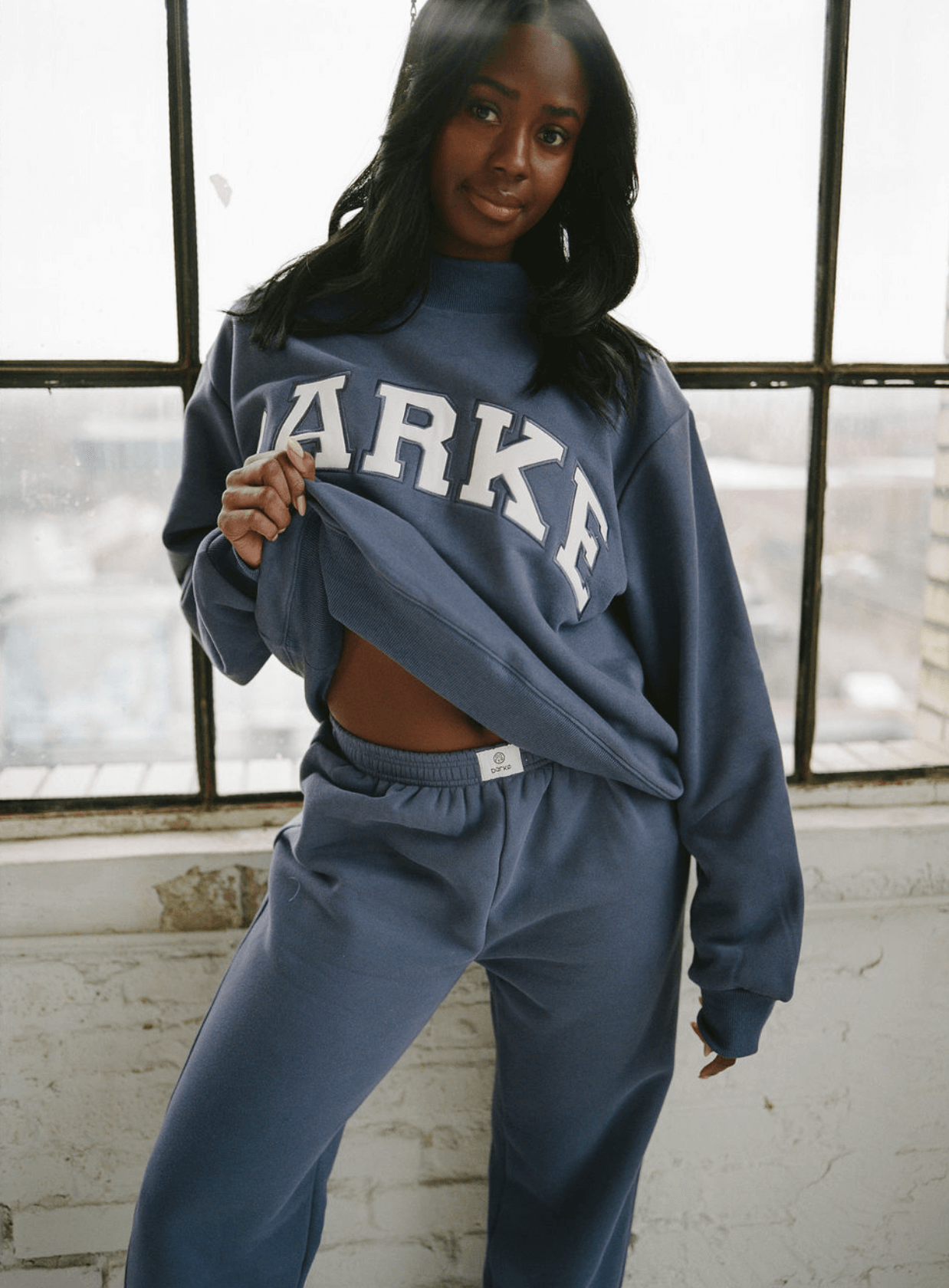 girl wearing sweat boxer pants -sapphire