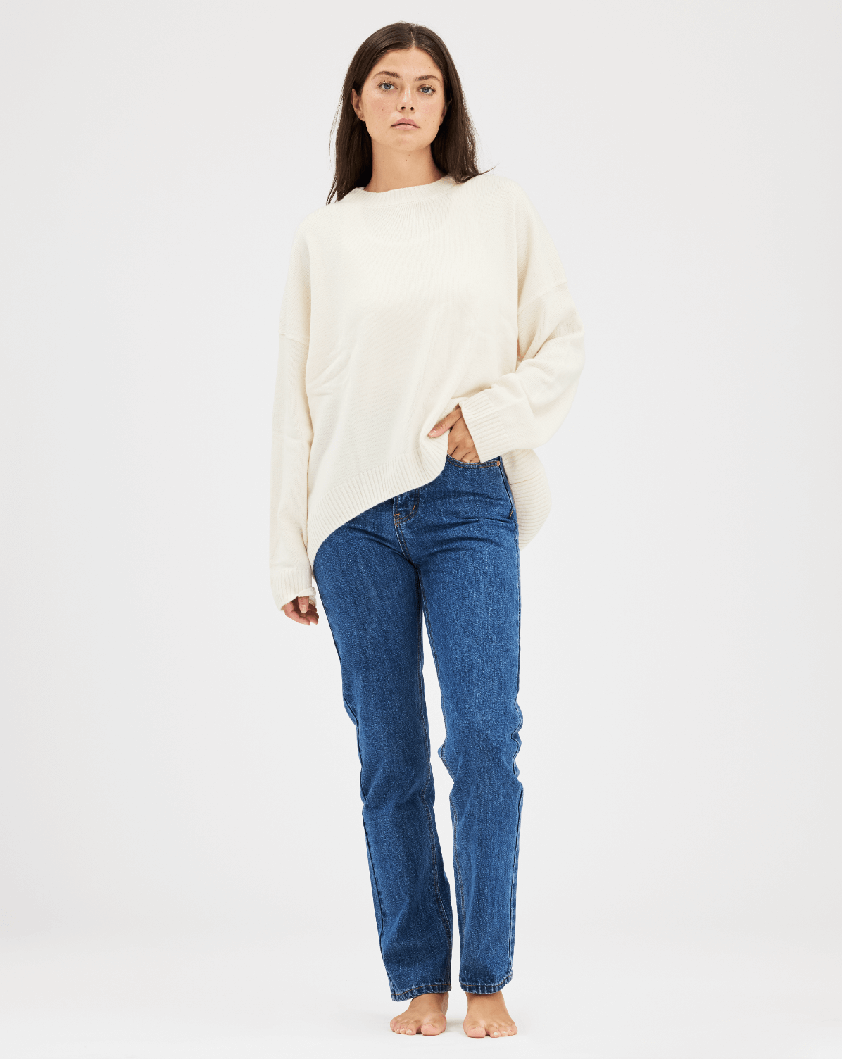 girl wearing cream oversized pullover sweater -cream