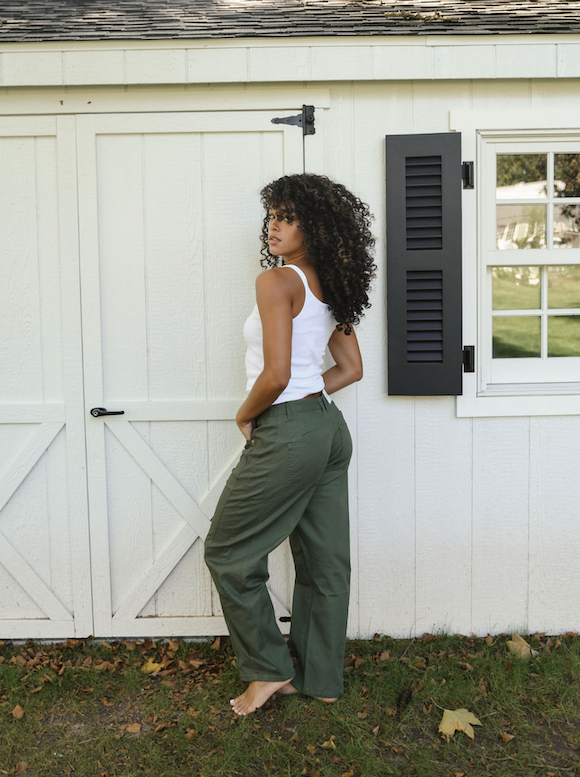 model wearing army green cotton twill horseshoe pant - army green
