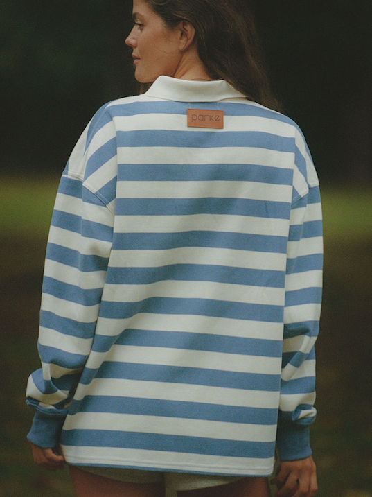 model in striped rugby - blue + white stripe