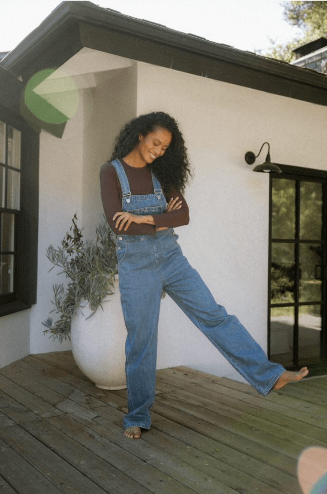 girl wearing med wash overalls - med wash