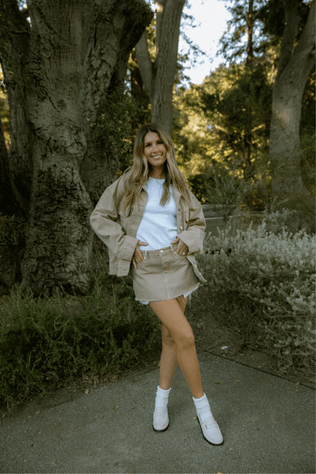 girl wearing camel denim mini skirt -camel