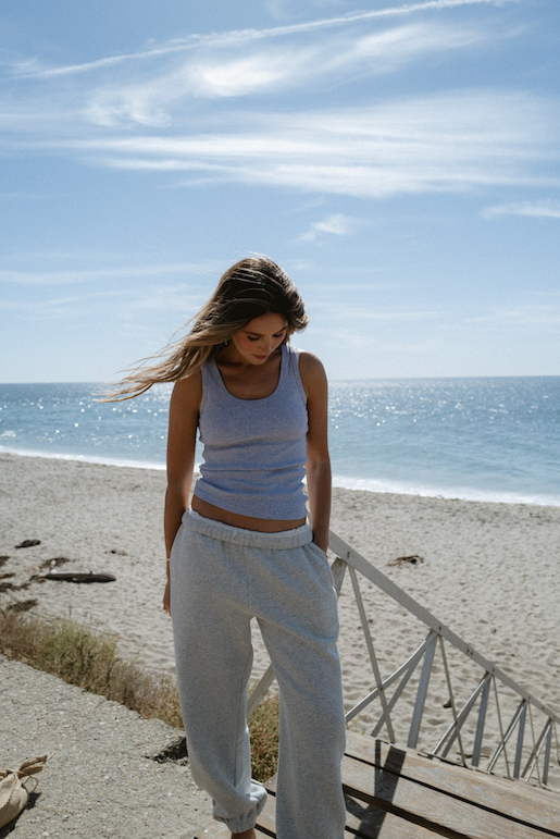 model wearing grey classic tank on beach - grey