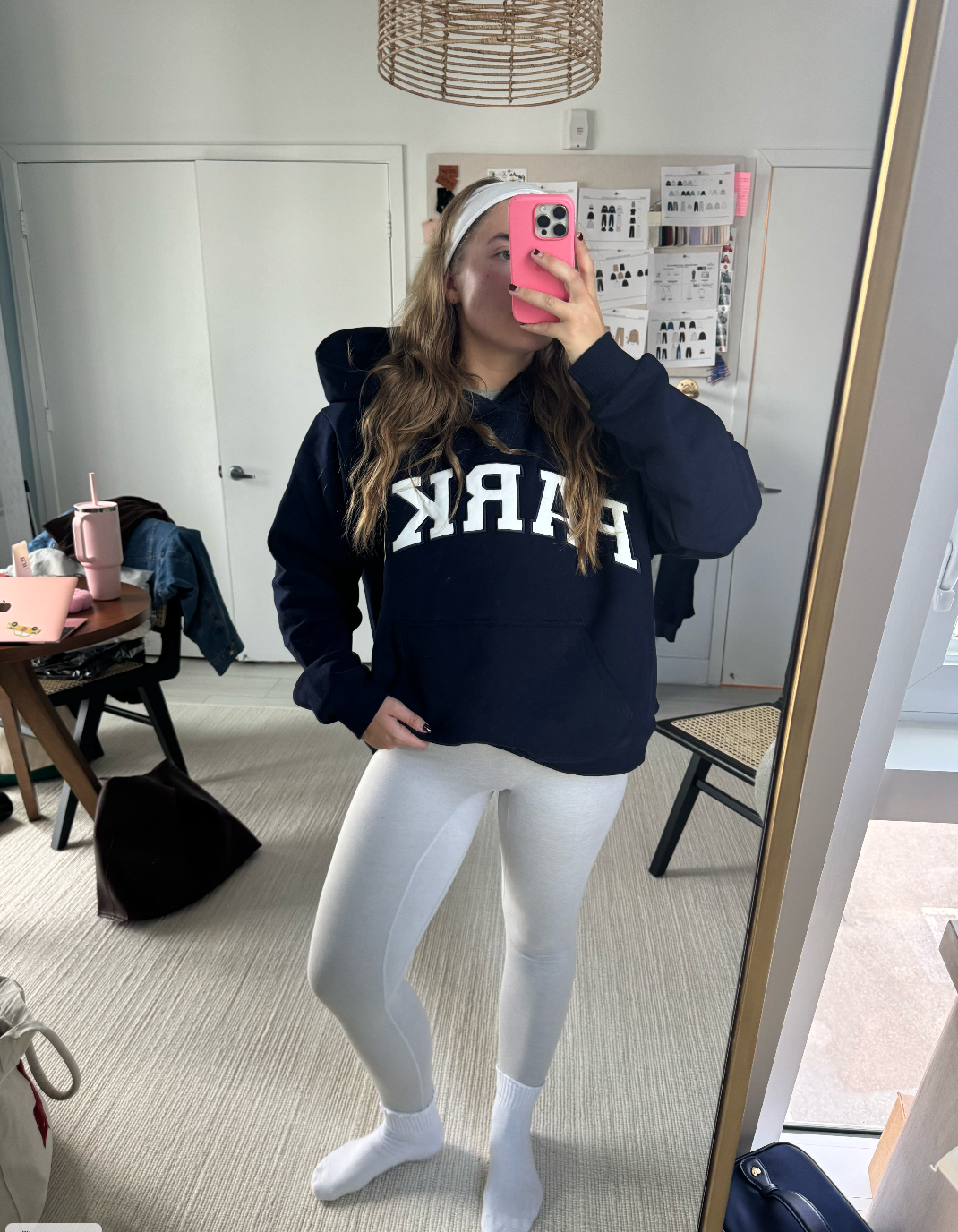 model wearing varsity hoodie sweatshirt - navy + white