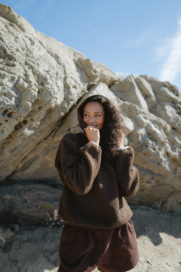 girl wearing chocolate brown hooded fleece - chocolate brown