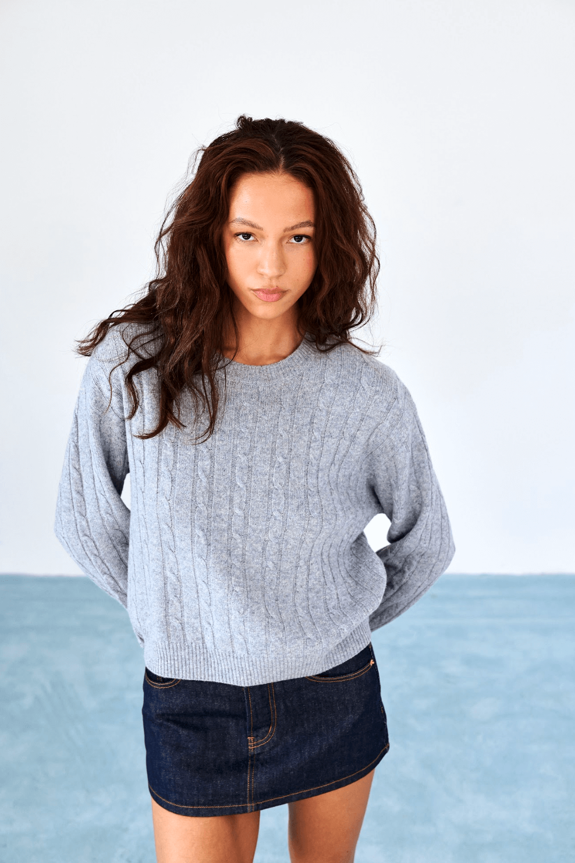 girl wearing heather grey cable knit sweater - heather grey