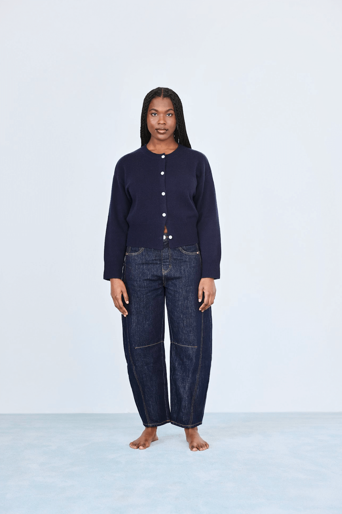 girl wearing navy cardigan -navy